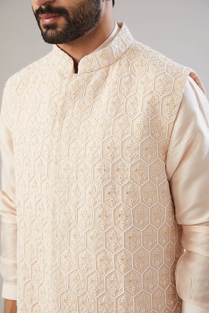 Light Peach Georgette Pearl Embellished Nehru Jacket Set by Chatenya Mittal at Pernia's Pop Up Shop