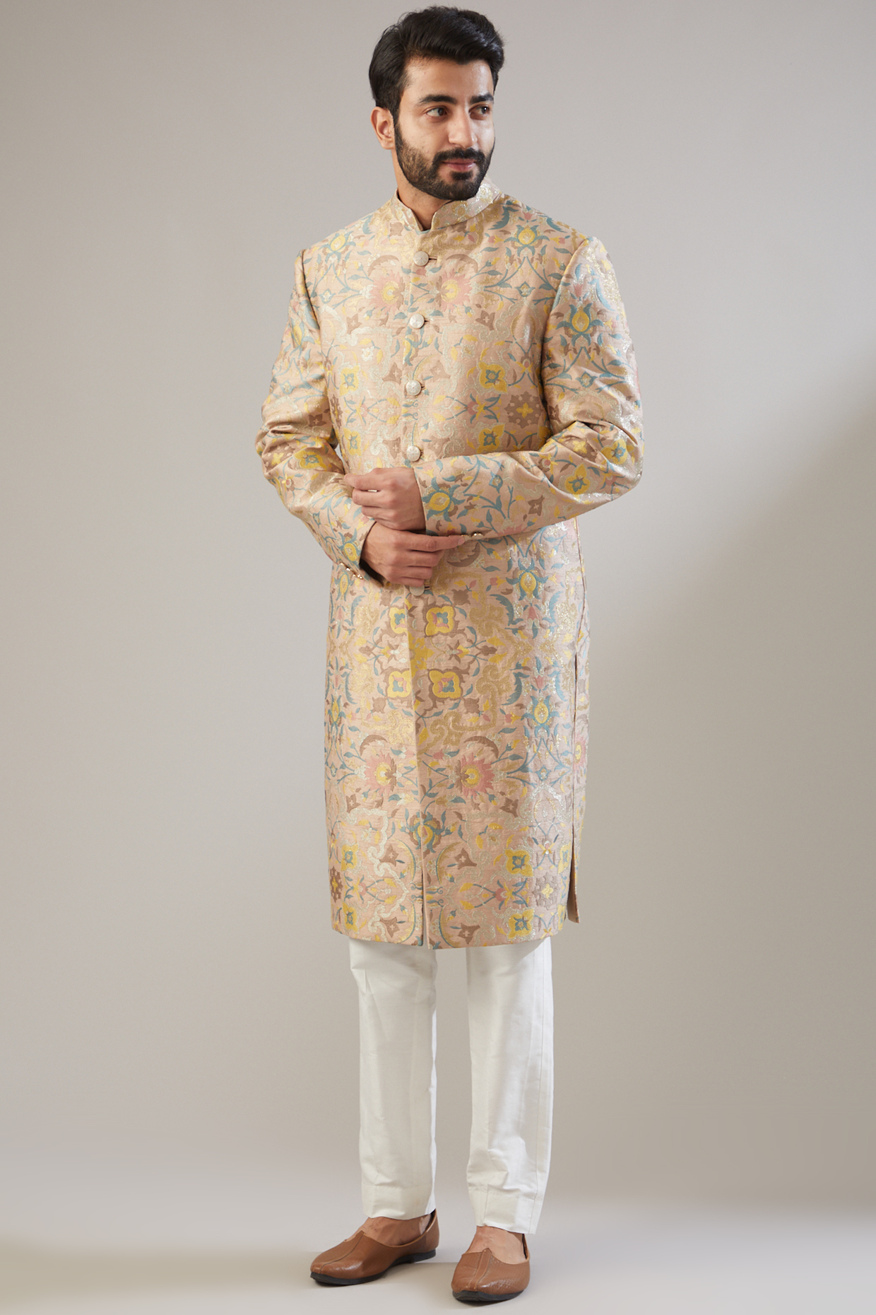 Multi-Colored Silk Embroidered Wedding Sherwani Set by Chatenya Mittal at Pernia's Pop Up Shop