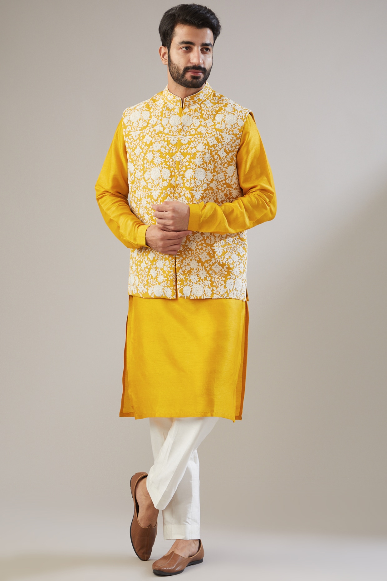 Yellow Mens Kurta Pajama & Nehru Jacket In Cotton Men 1081MW05