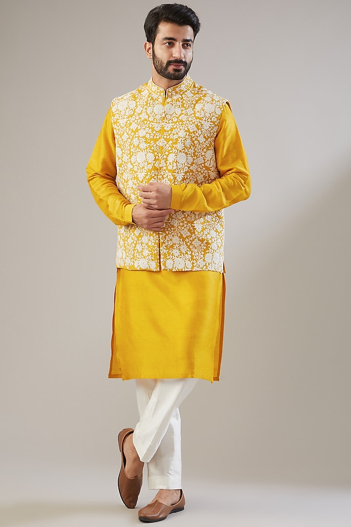 Mustard Embellished Nehru Jacket With Kurta Set by Chatenya Mittal