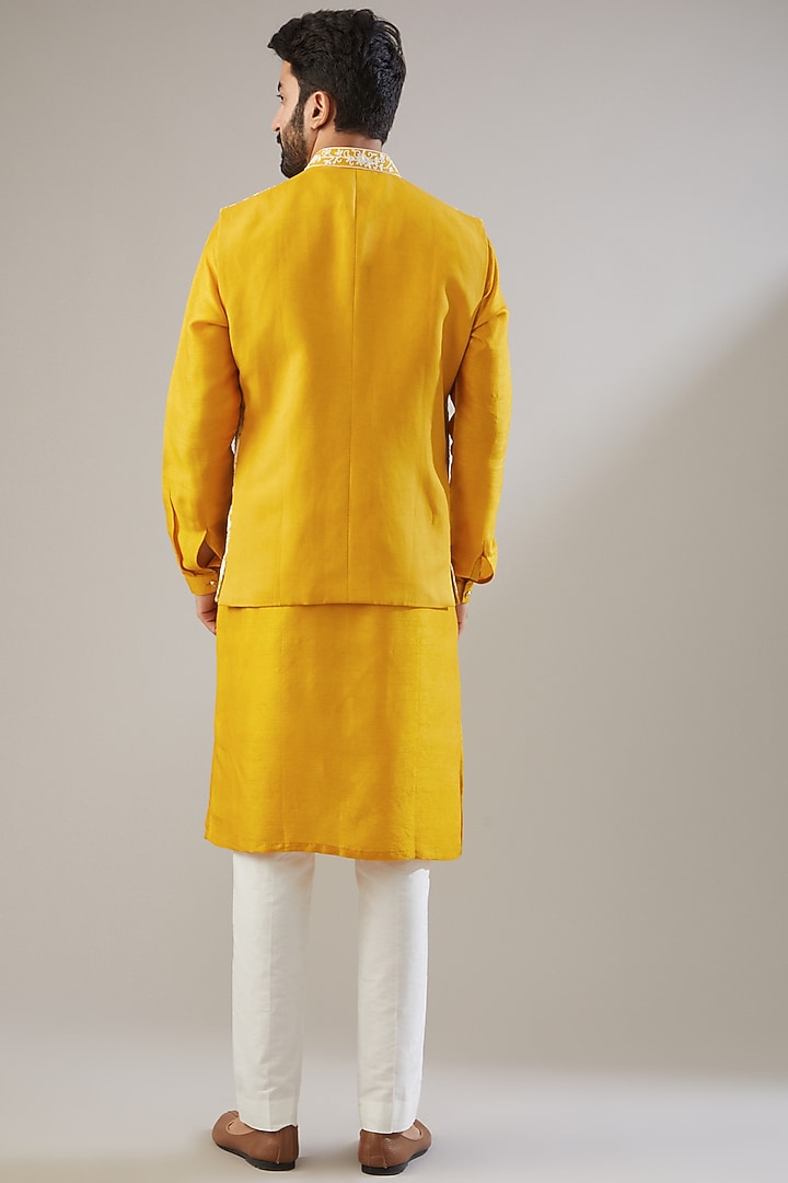 Mustard Linen Embellished Nehru Jacket Set by Chatenya Mittal at Pernia's Pop Up Shop