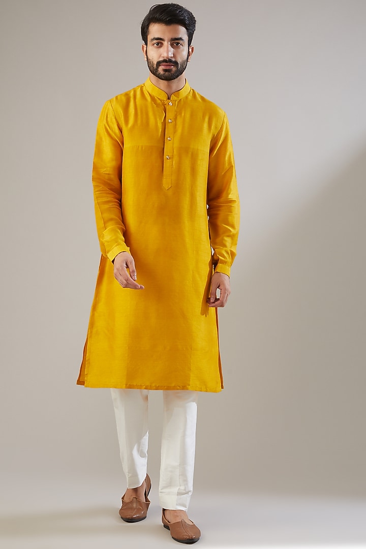 Mustard Linen Embellished Nehru Jacket Set by Chatenya Mittal at Pernia's Pop Up Shop