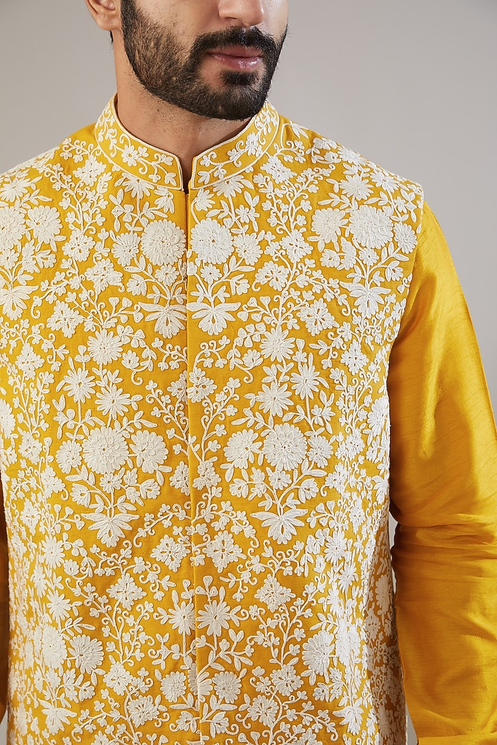 Mustard Linen Embellished Nehru Jacket Set by Chatenya Mittal at Pernia's Pop Up Shop