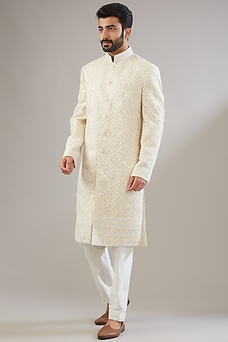 Off-White Pearl Embroidered Sherwani Set by Chatenya Mittal