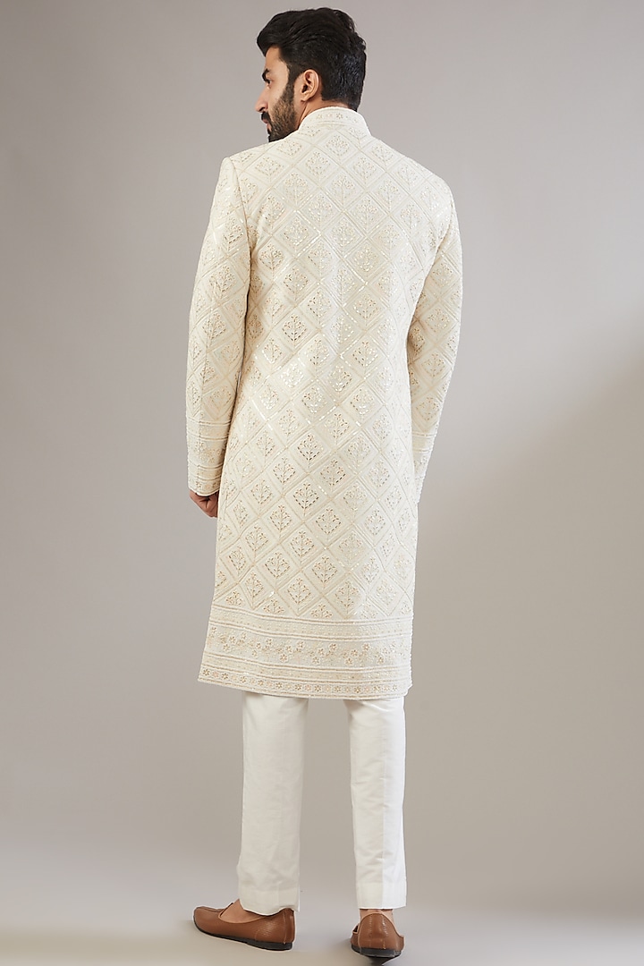 Off-White Pearl Embroidered Wedding Sherwani Set by Chatenya Mittal at Pernia's Pop Up Shop