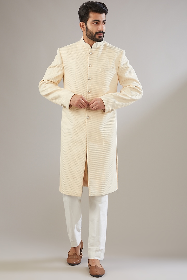 Light Cream Silk Blend Achkan Jacket Set by Chatenya Mittal