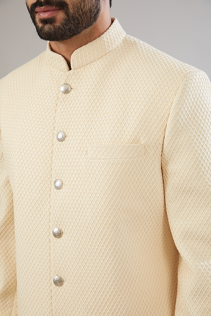 Light Cream Silk Blend Achkan Jacket Set by Chatenya Mittal at Pernia's Pop Up Shop