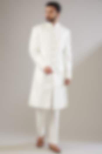 Off-White Silk Achkan Jacket Set by Chatenya Mittal