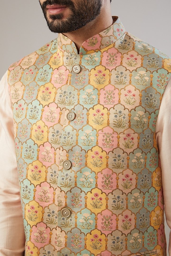 Multi-Colored Cotton Satin Printed Nehru Jacket Set by Chatenya Mittal at Pernia's Pop Up Shop