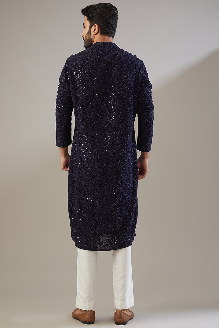 Navy Blue Georgette Sequins Embellished Kurta Set by Chatenya Mittal at Pernia's Pop Up Shop