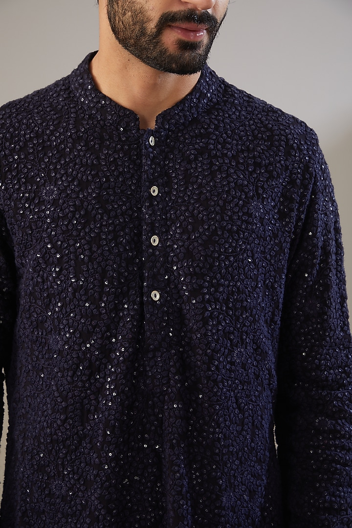 Navy Blue Georgette Sequins Embellished Kurta Set by Chatenya Mittal at Pernia's Pop Up Shop