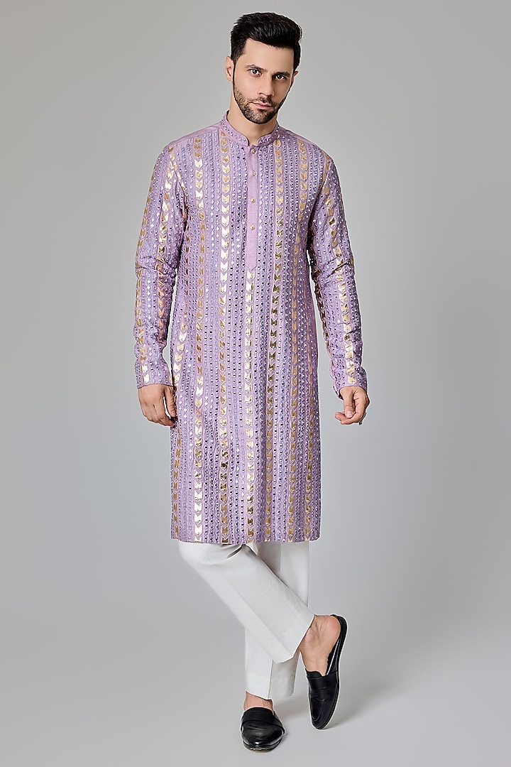 Lilac Silk Blend Mirror Embroidered Kurta Set by Chatenya Mittal at Pernia's Pop Up Shop