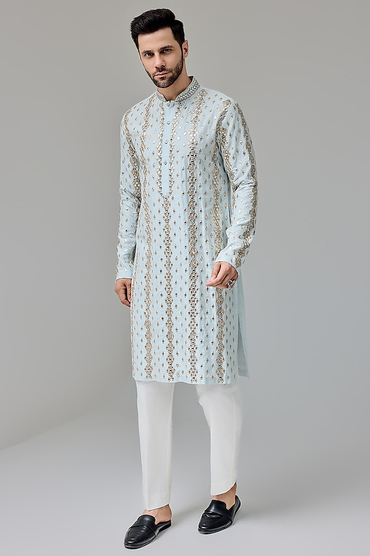 Light Blue Silk Blend Mirror & Zari Embroidered Kurta Set by Chatenya Mittal at Pernia's Pop Up Shop