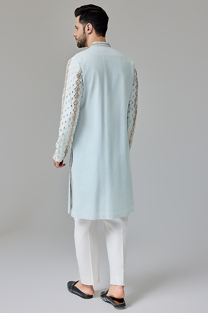 Light Blue Silk Blend Mirror & Zari Embroidered Kurta Set by Chatenya Mittal at Pernia's Pop Up Shop