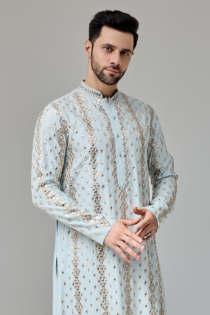 Light Blue Silk Blend Mirror & Zari Embroidered Kurta Set by Chatenya Mittal at Pernia's Pop Up Shop