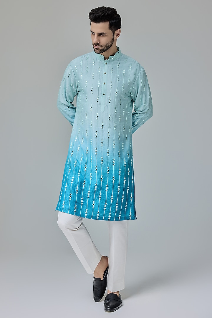 Blue-White Silk Blend Mirror Embroidered Ombre Kurta Set by Chatenya Mittal at Pernia's Pop Up Shop