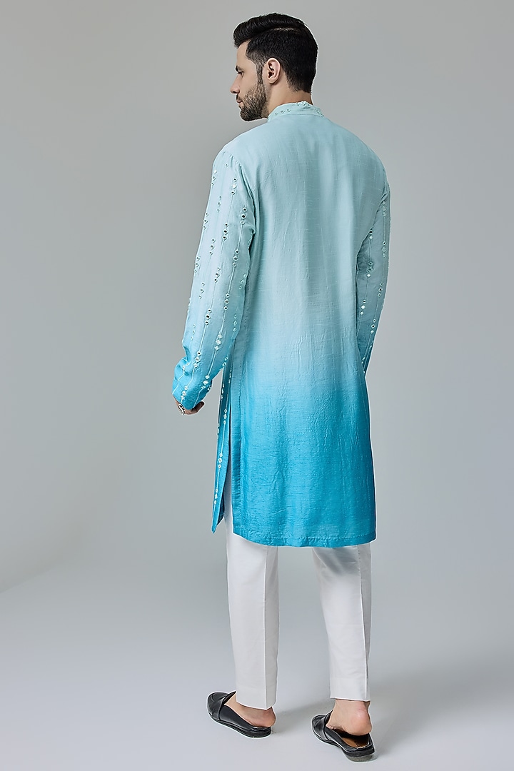 Blue-White Silk Blend Mirror Embroidered Ombre Kurta Set by Chatenya Mittal at Pernia's Pop Up Shop