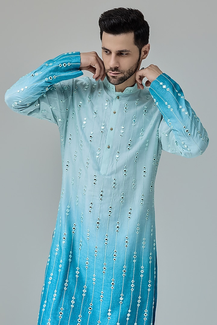 Blue-White Silk Blend Mirror Embroidered Ombre Kurta Set by Chatenya Mittal at Pernia's Pop Up Shop