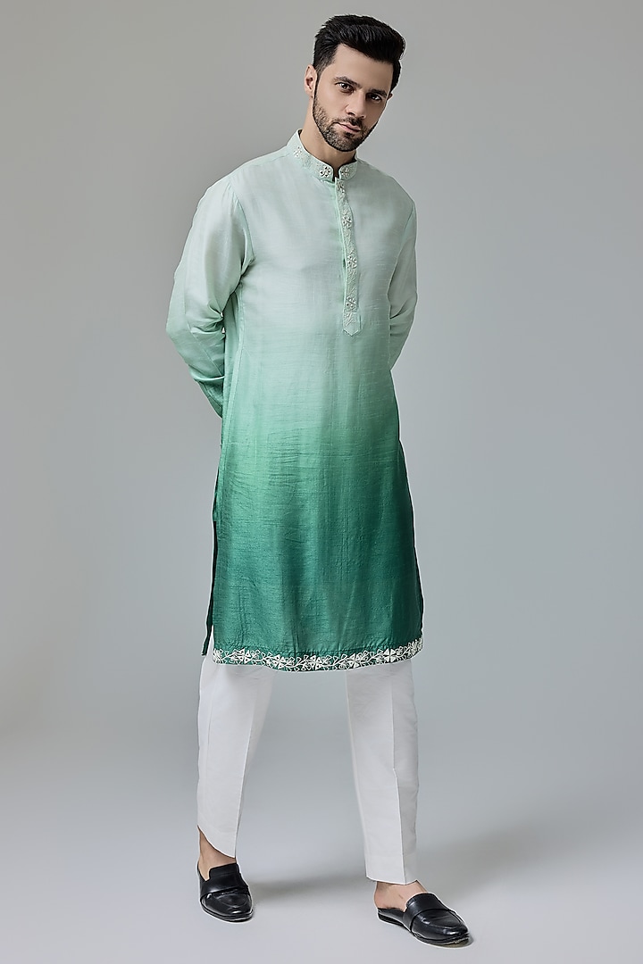 Green White Silk Blend Mirror Embroidered Ombre Kurta Set by Chatenya Mittal at Pernia's Pop Up Shop