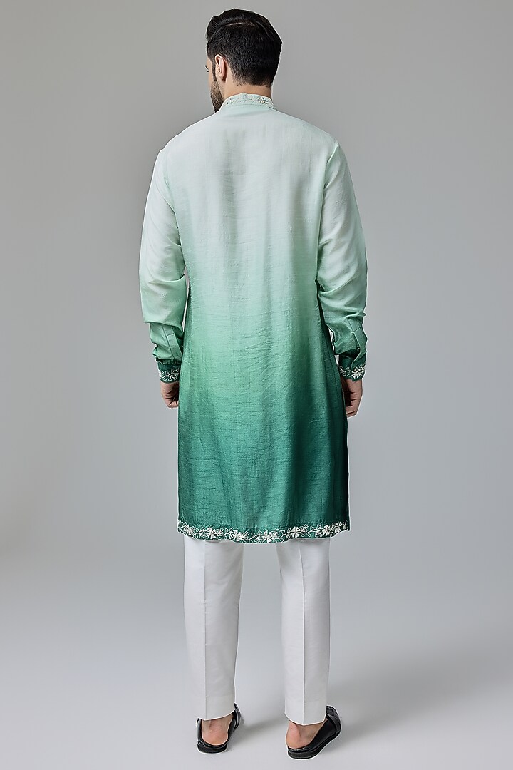 Green White Silk Blend Mirror Embroidered Ombre Kurta Set by Chatenya Mittal at Pernia's Pop Up Shop