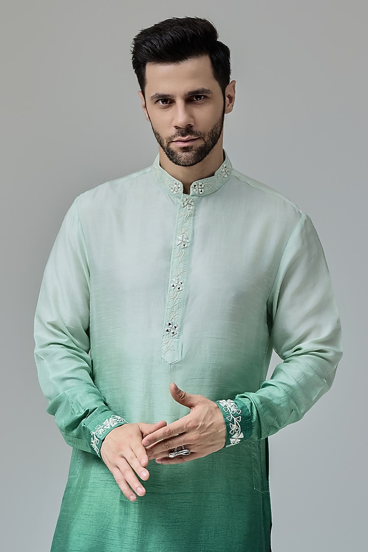 Green White Silk Blend Mirror Embroidered Ombre Kurta Set by Chatenya Mittal at Pernia's Pop Up Shop