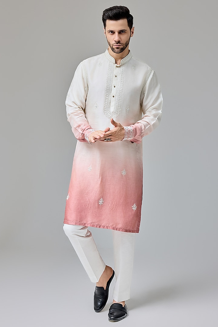 Rust White Silk Blend Mirror Embroidered Kurta Set by Chatenya Mittal at Pernia's Pop Up Shop