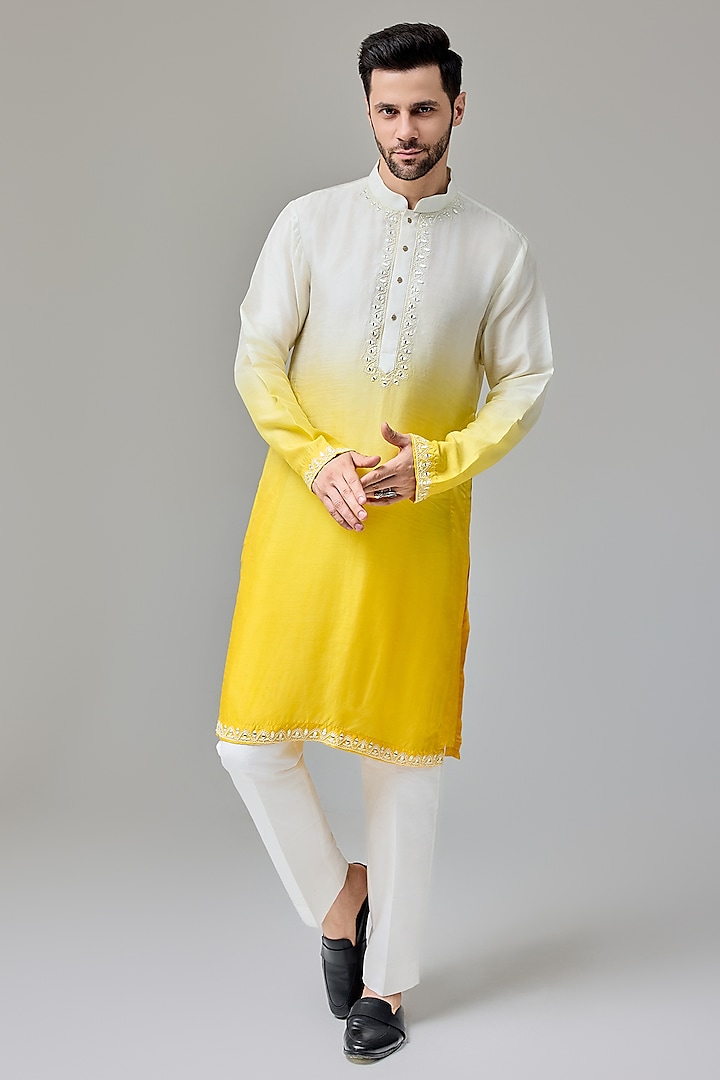 Yellow-White Silk Blend Mirror Embroidered Kurta Set by Chatenya Mittal at Pernia's Pop Up Shop