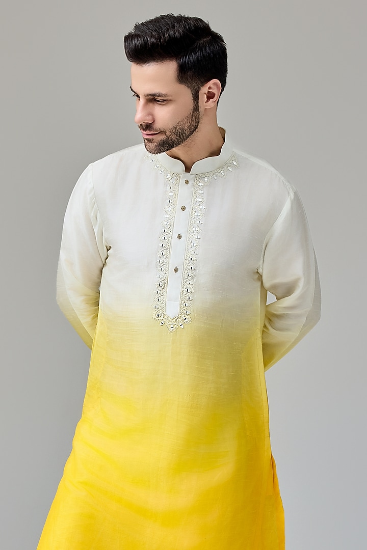 Yellow-White Silk Blend Mirror Embroidered Kurta Set by Chatenya Mittal at Pernia's Pop Up Shop