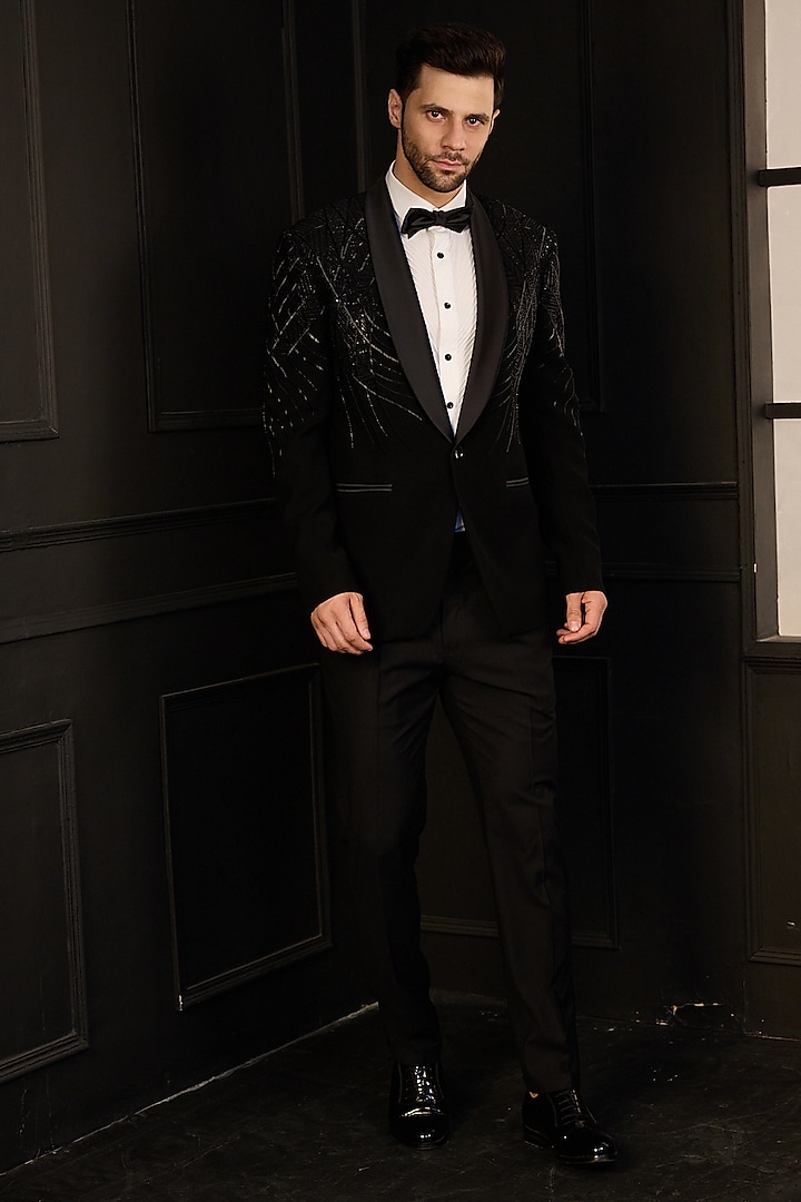 Black Poly Blend Cutdana Embroidered Tuxedo Set by Chatenya Mittal at Pernia's Pop Up Shop