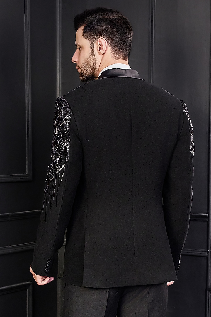 Black Poly Blend Cutdana Embroidered Tuxedo Set by Chatenya Mittal at Pernia's Pop Up Shop