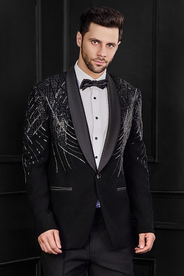 Black Poly Blend Cutdana Embroidered Tuxedo Set by Chatenya Mittal at Pernia's Pop Up Shop