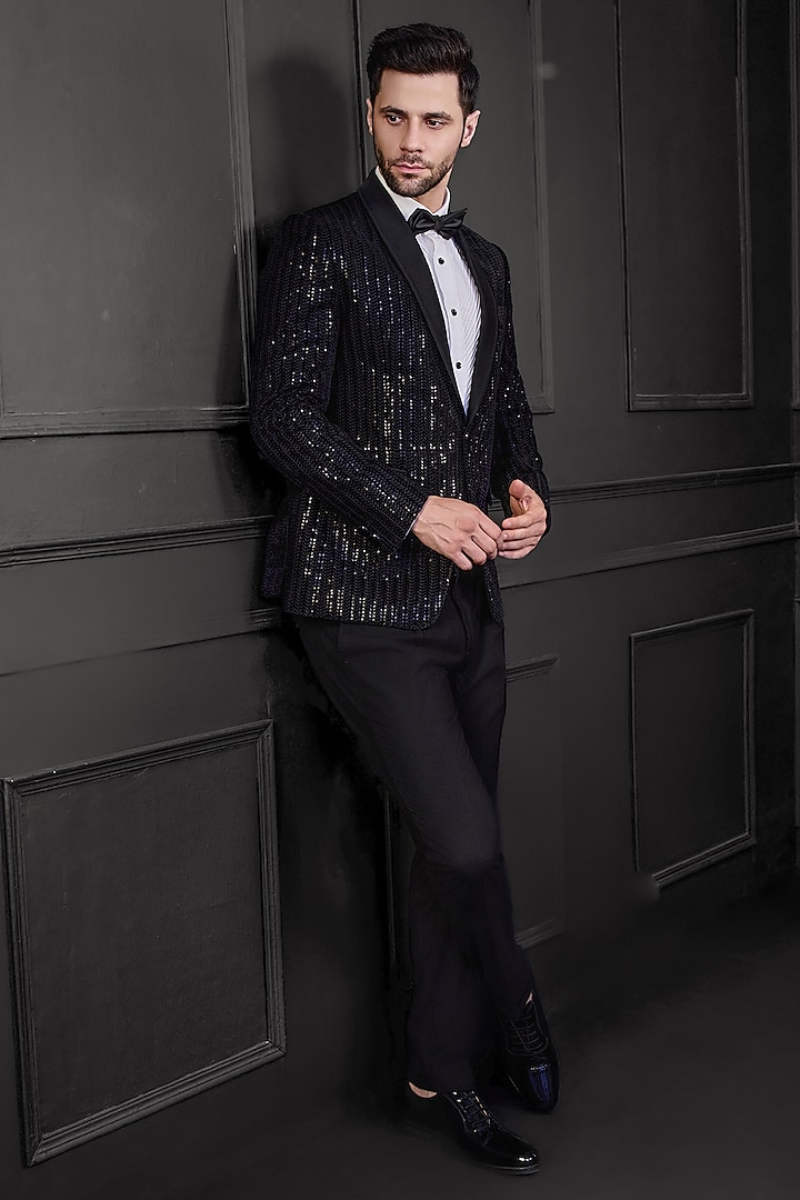 Black Velvet Thread & Sequins Embroidered Tuxedo Set by Chatenya Mittal at Pernia's Pop Up Shop