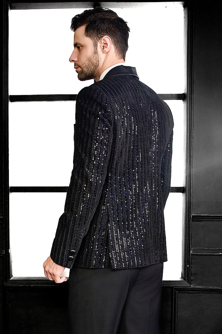 Black Velvet Thread & Sequins Embroidered Tuxedo Set by Chatenya Mittal at Pernia's Pop Up Shop