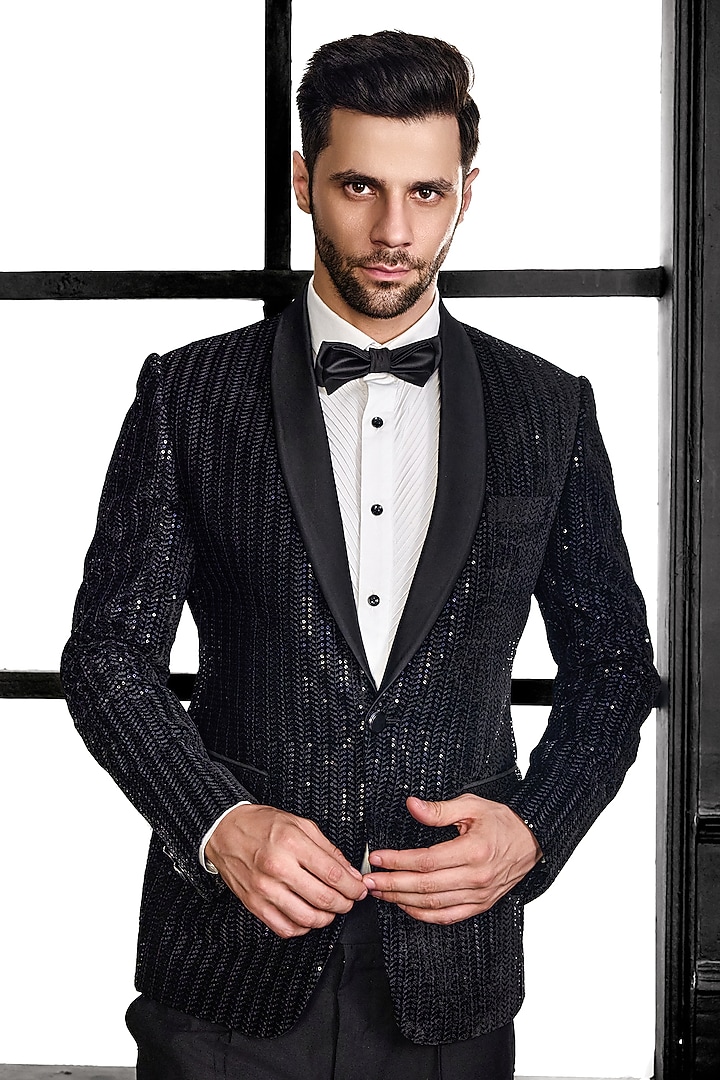 Black Velvet Thread & Sequins Embroidered Tuxedo Set by Chatenya Mittal at Pernia's Pop Up Shop