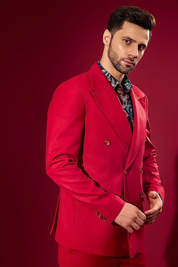 Red Wool Blend Blazer Set by Chatenya Mittal at Pernia's Pop Up Shop