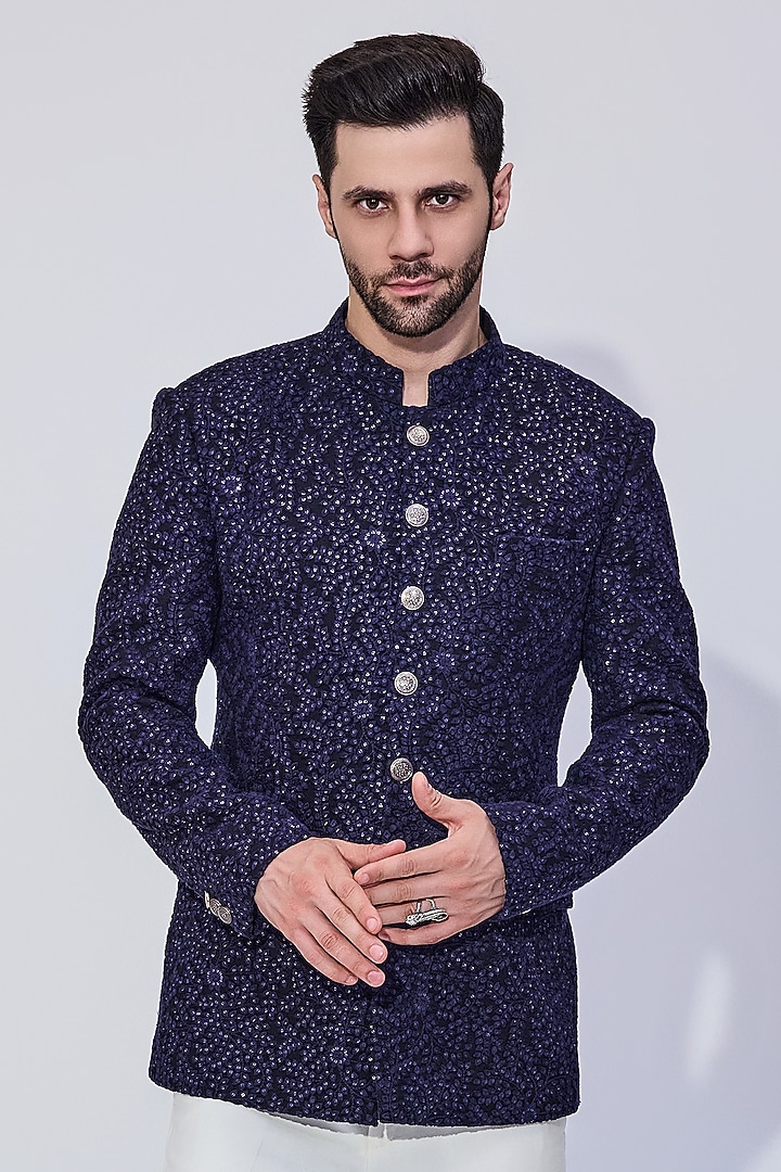 Navy Blue Georgette Sequins Embroidered Wedding Bandhgala Set by Chatenya Mittal at Pernia's Pop Up Shop