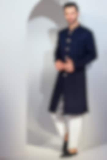 Navy Blue Viscose Blend Textured Achkan Sherwani Set by Chatenya Mittal