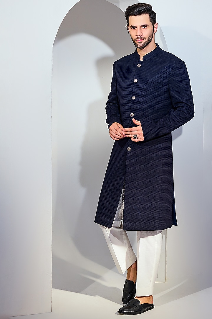 Navy Blue Viscose Blend Textured Achkan Sherwani Set by Chatenya Mittal