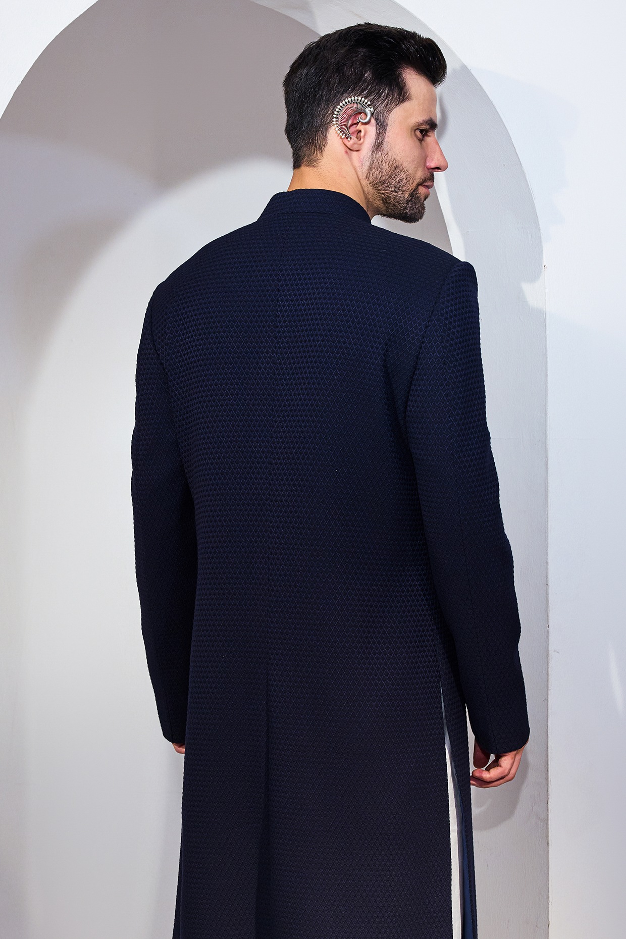 Shawany シャワニー ネイビー Navy Blue Viscose Blend Textured Achkan Wedding Sherwani Set by