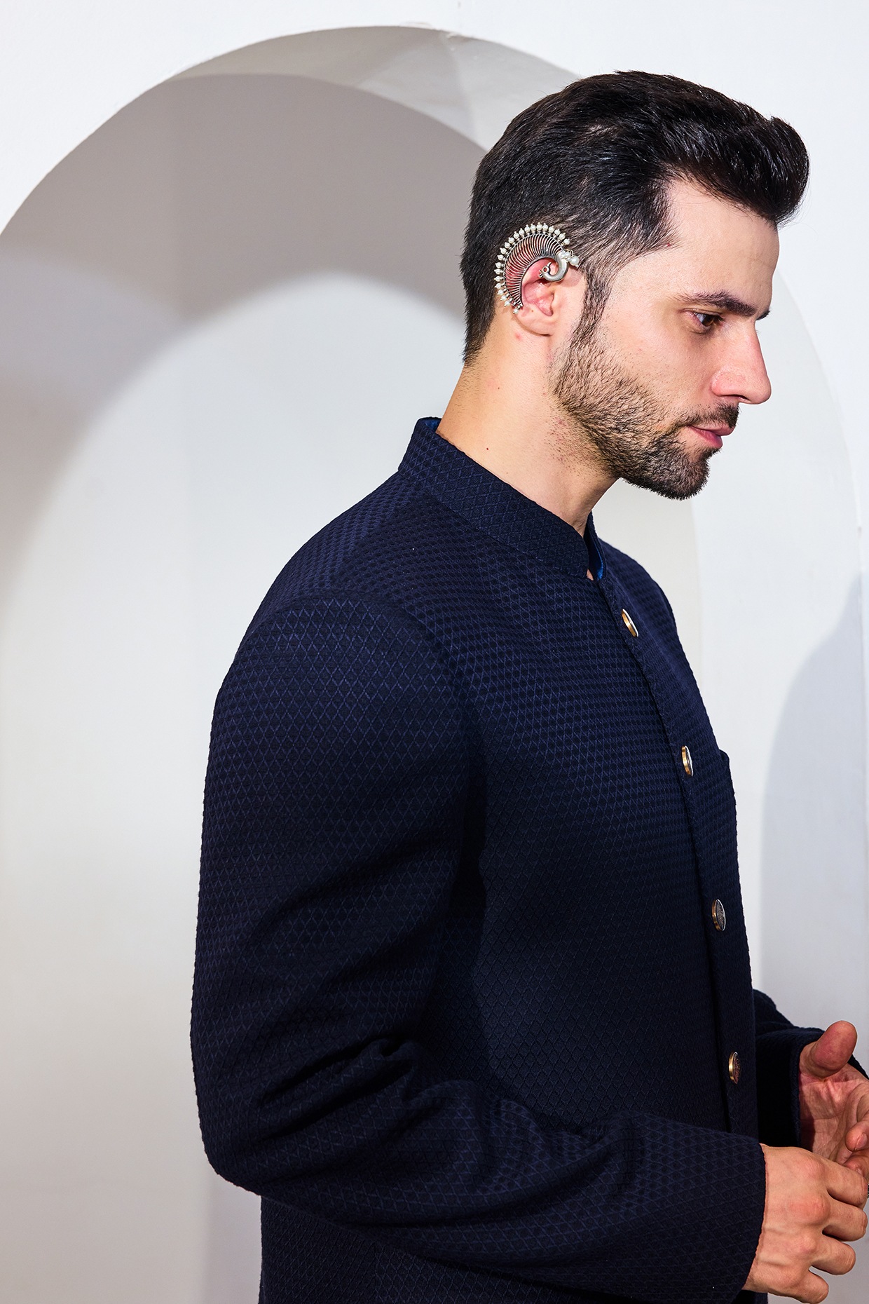 Navy Blue Viscose Blend Textured Achkan Wedding Sherwani Set by