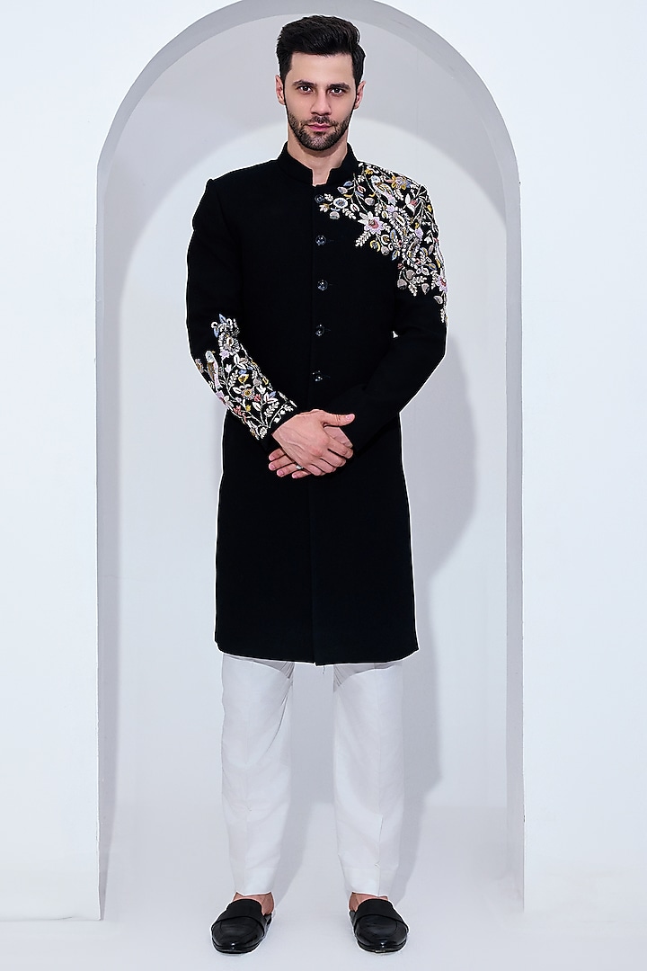 Black Viscose Blend Embroidered Textured  Sherwani Set by Chatenya Mittal