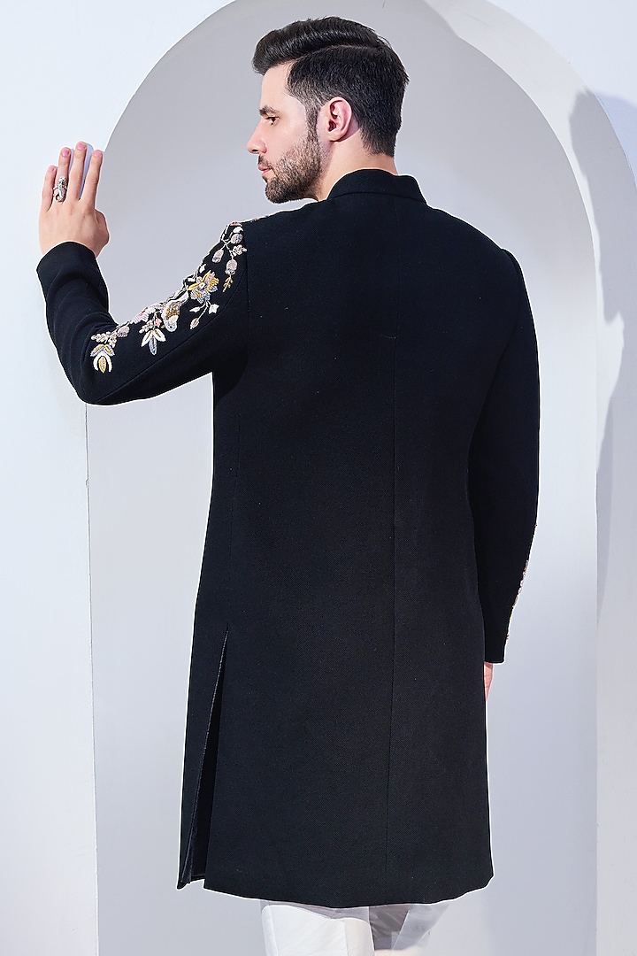 Black Viscose Blend Embroidered Textured  Wedding Sherwani Set by Chatenya Mittal at Pernia's Pop Up Shop