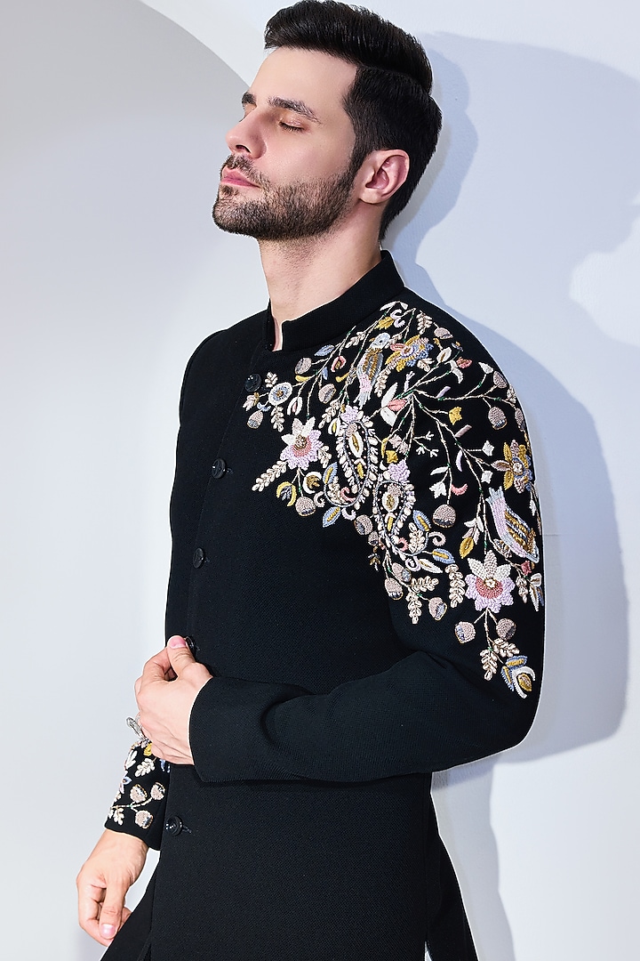 Black Viscose Blend Embroidered Textured  Wedding Sherwani Set by Chatenya Mittal at Pernia's Pop Up Shop