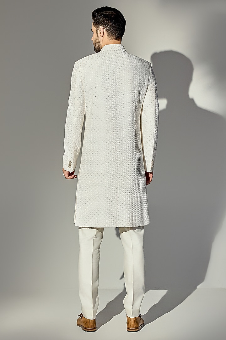 Off-White Silk Blend Sequins & Thread Work Achkan Wedding Sherwani Set by Chatenya Mittal at Pernia's Pop Up Shop