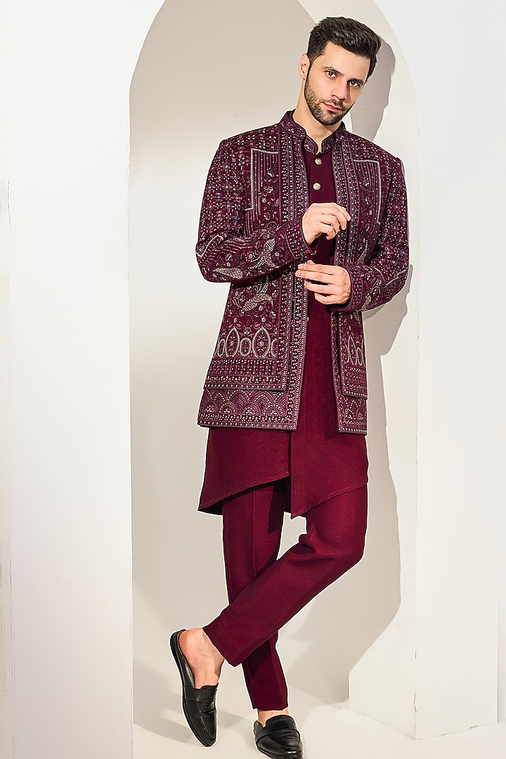 Maroon Silk Blend Embroidered Indowestern Set by Chatenya Mittal