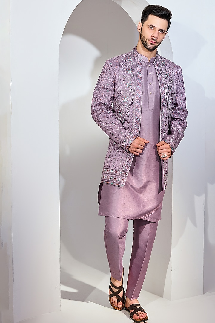 Purple Blue Silk Blend Embroidered Indowestern Set by Chatenya Mittal