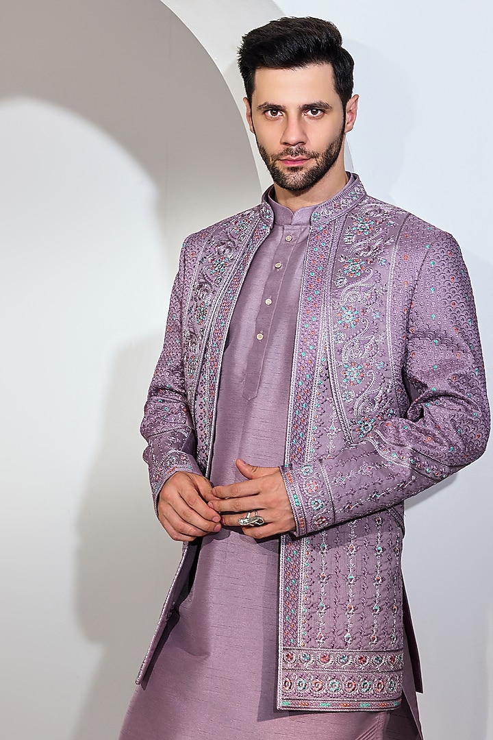 Purple Blue Silk Blend Embroidered Wedding Indowestern Set by Chatenya Mittal at Pernia's Pop Up Shop