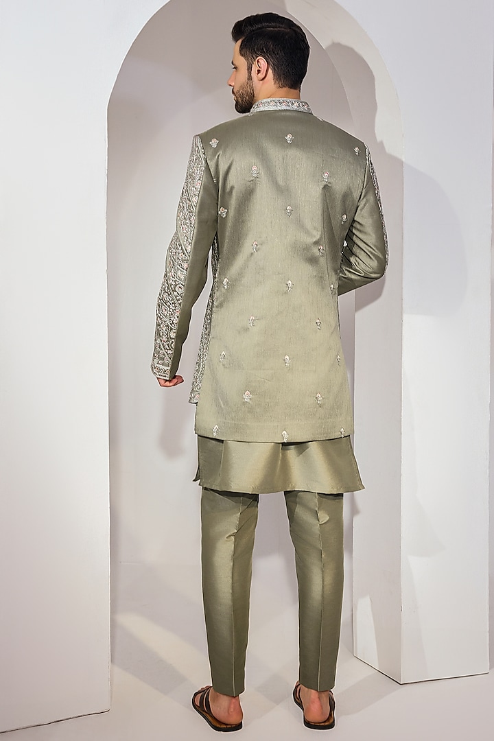 Green Silk Blend Embroidered Wedding Indowestern Set by Chatenya Mittal at Pernia's Pop Up Shop