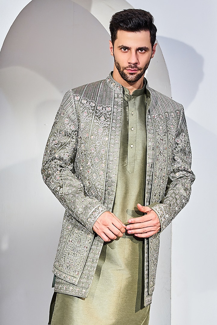 Green Silk Blend Embroidered Wedding Indowestern Set by Chatenya Mittal at Pernia's Pop Up Shop