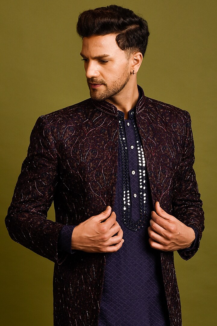 Wine Silk Wedding Indowestern Set by Chatenya Mittal at Pernia's Pop Up Shop